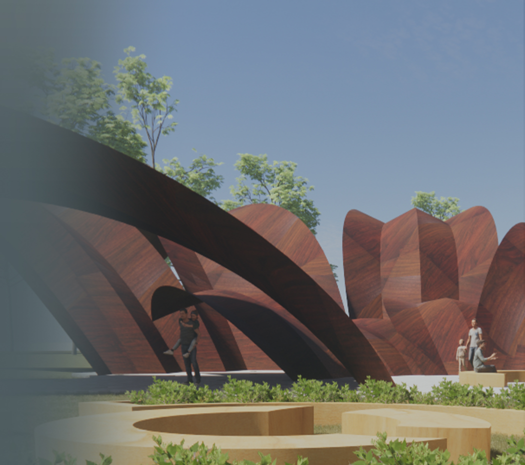 Rendering of intersecting timber petal forms rising above a terraced planted courtyard with figures below