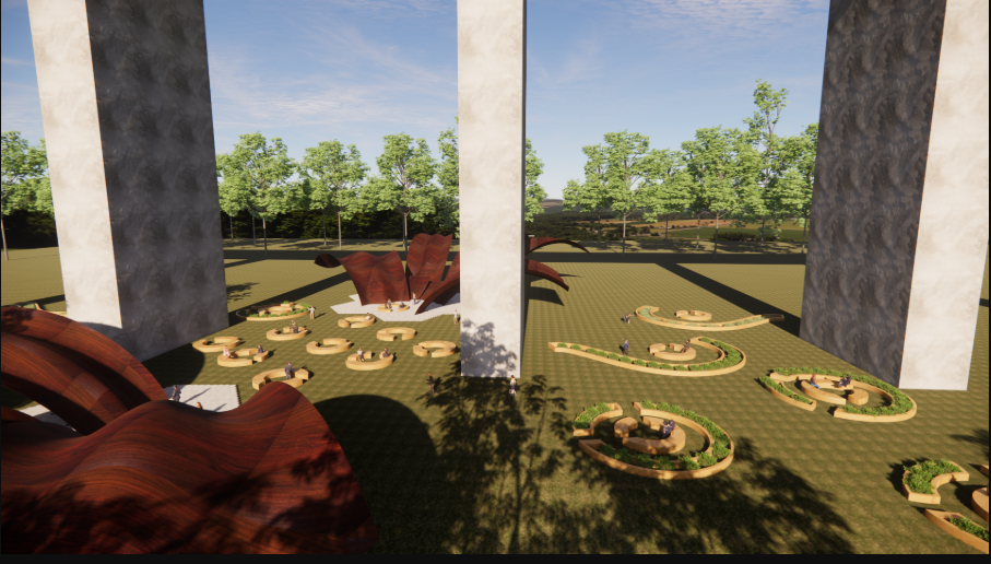 View through white columns to a landscaped courtyard with curved timber canopies and patterned planted beds