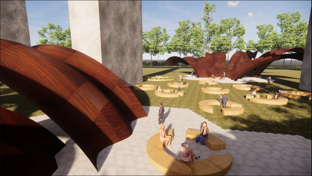 Timber canopy arching over circular seating platforms with people gathering on grass and paving below