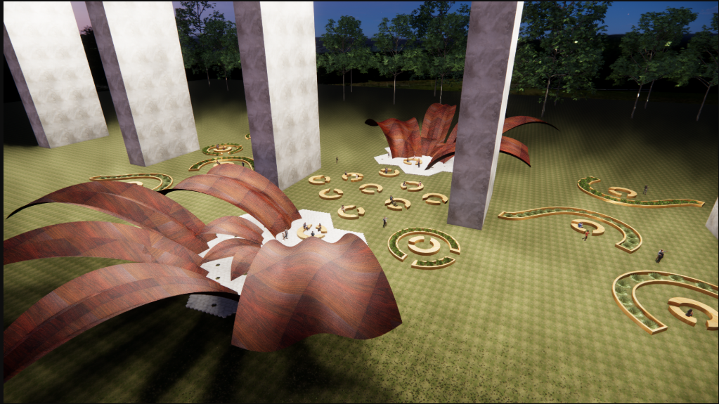 Elevated view of timber shell structures and swirl-patterned plantings between concrete columns at dusk