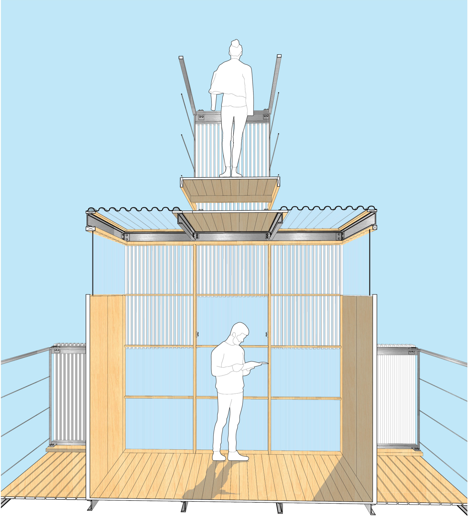 Front elevation showing the light-filled studio, side balconies, and elevated observation platform.