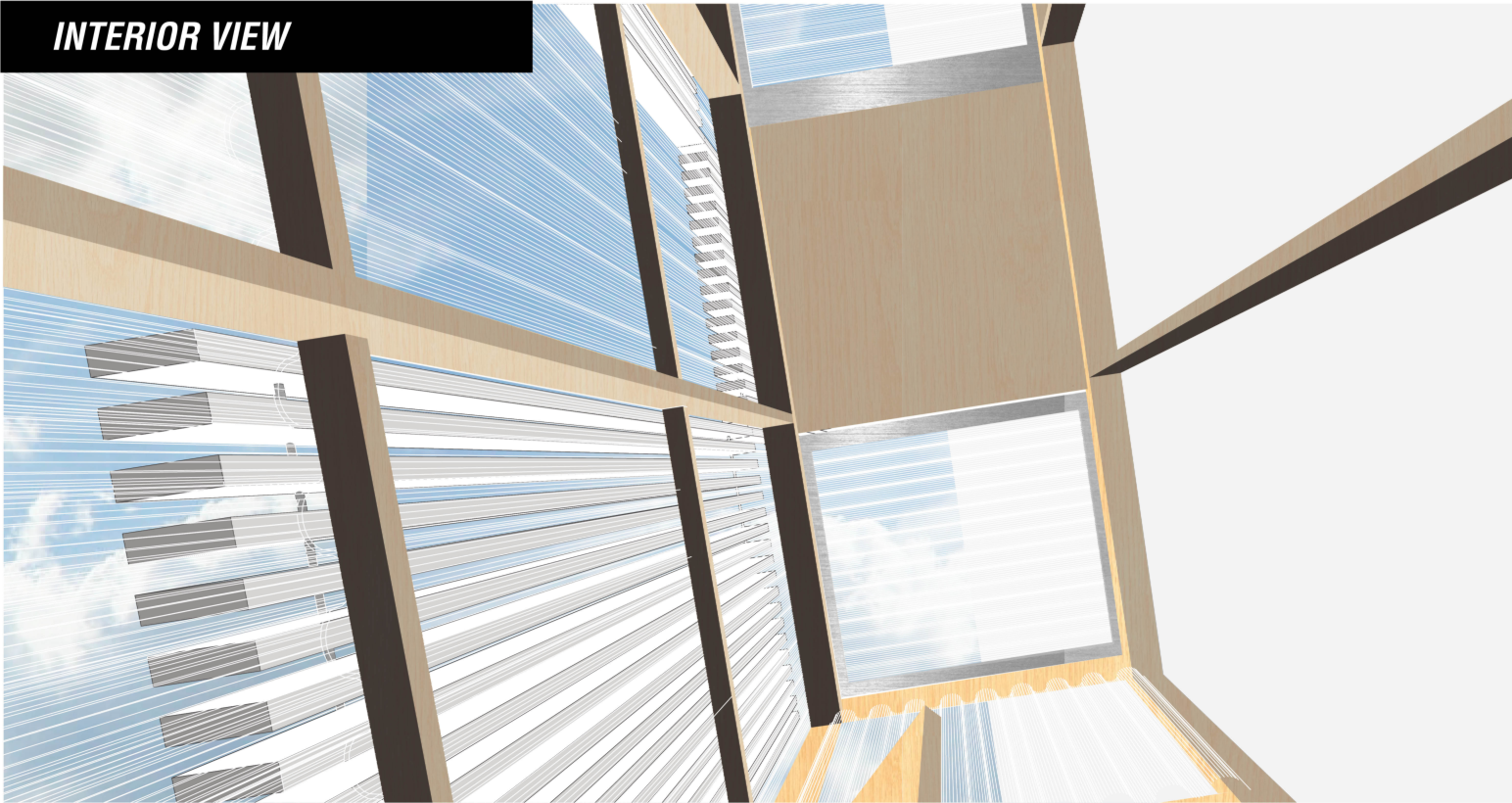 Interior view highlighting translucent panels, timber framing, and filtered natural light.