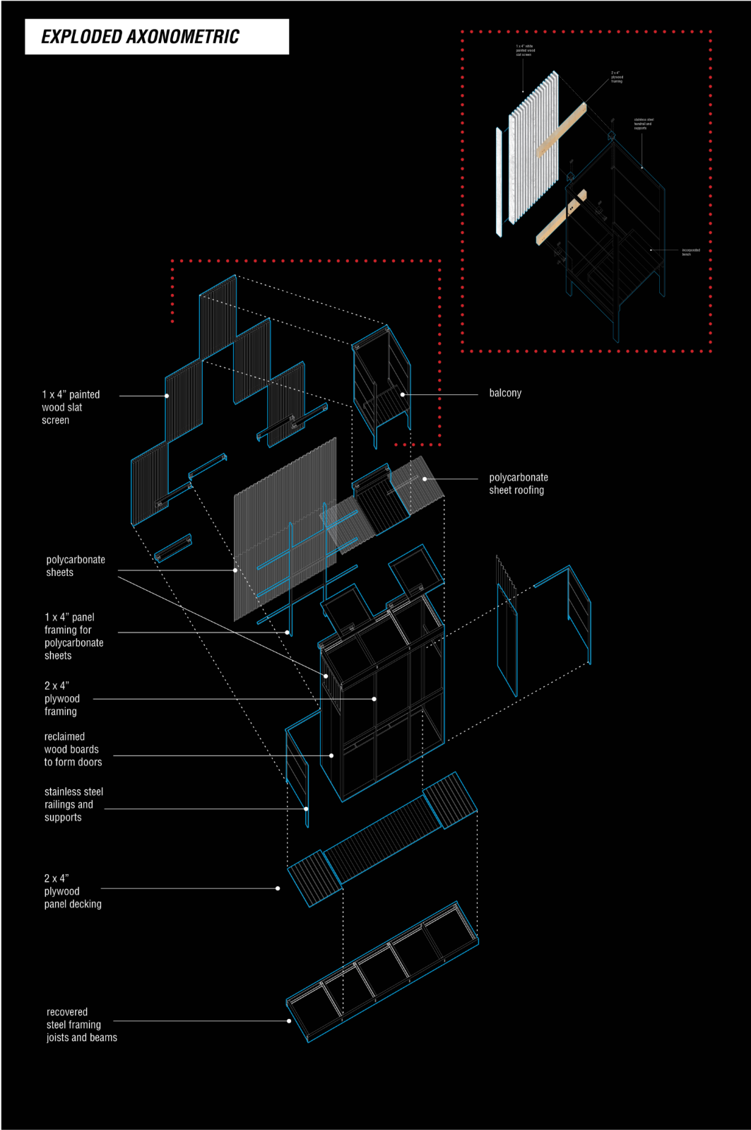 Exploded axonometric detailing the modular steel frame, reclaimed timber, and polycarbonate envelope.