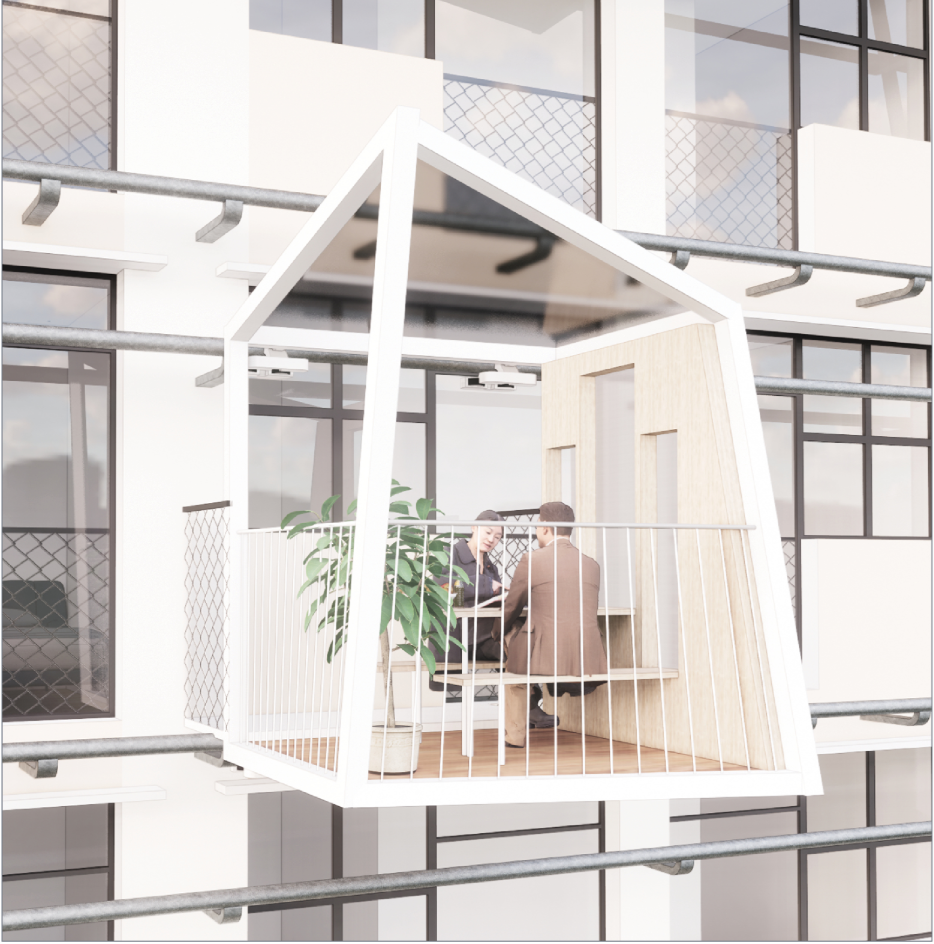 White framed balcony module with vertical railings and planter suspended within a residential courtyard