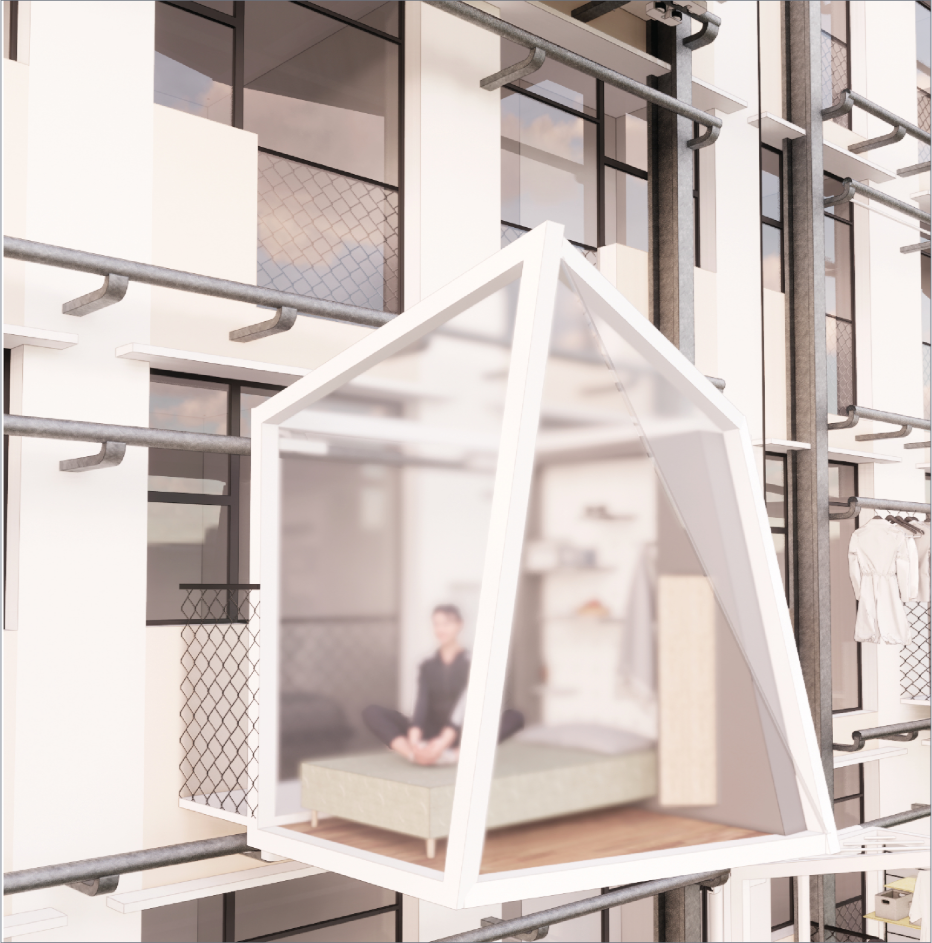 House-shaped balcony enclosure with pitched frame and translucent panels between neighboring apartment units