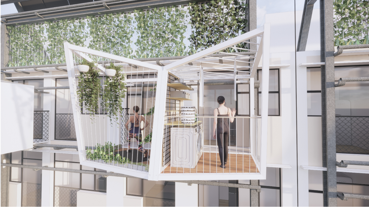 Cantilevered balcony pod with overhead green wall and interior planters facing the courtyard atrium