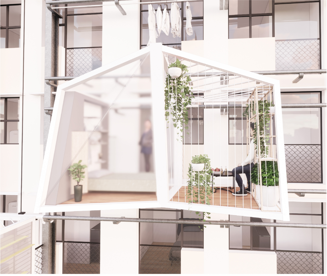 White steel balcony frame with hanging plants and vertical garden elements viewed through neighboring units