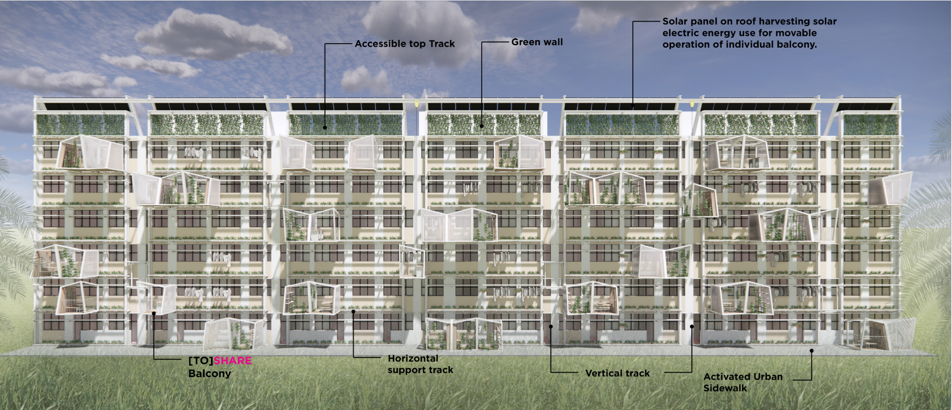 Section drawing showing multi-story residential facade with balcony modules, green walls and rooftop solar panels