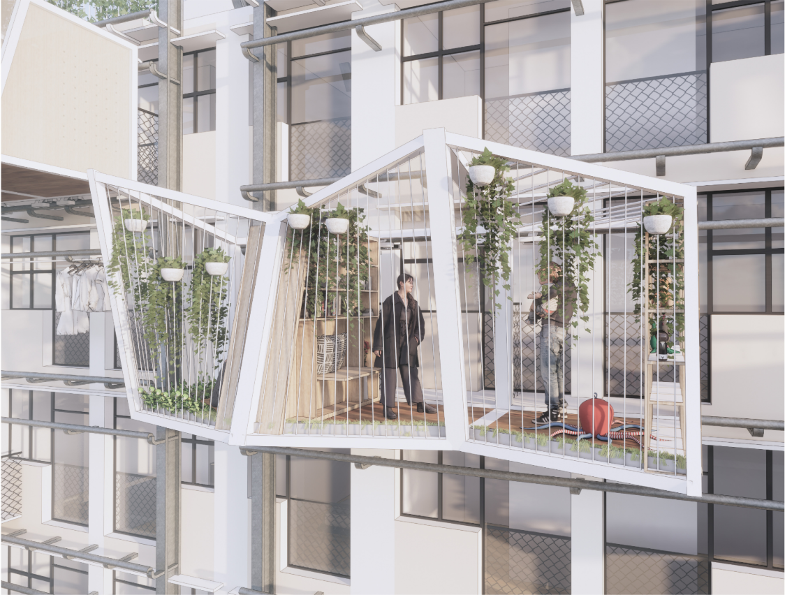 Extended balcony module with sloped frame, suspended planters and two occupants within the shared courtyard