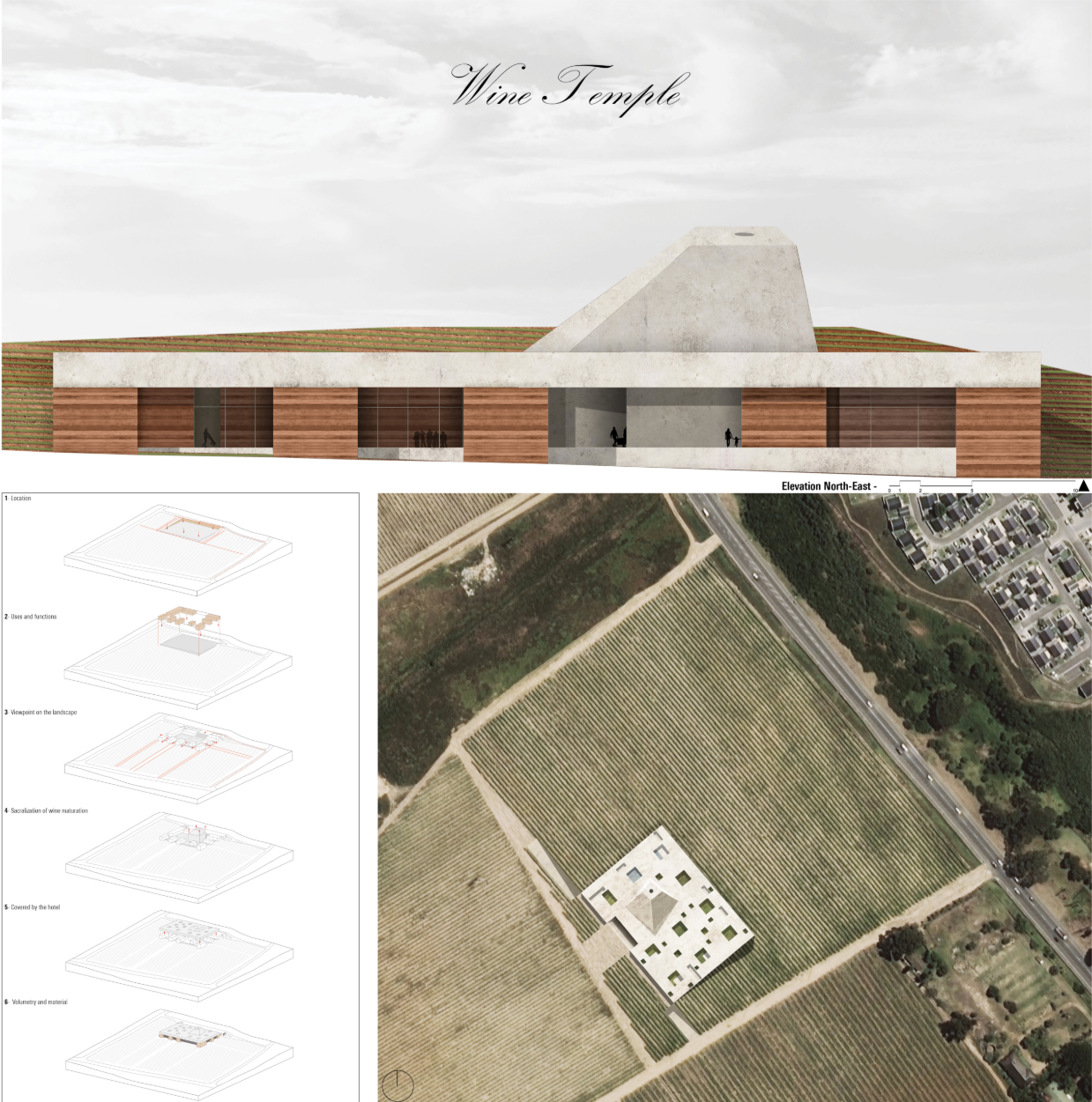 Wine Temple emerges subtly from the vineyard, integrating architecture with the cultivated landscape.