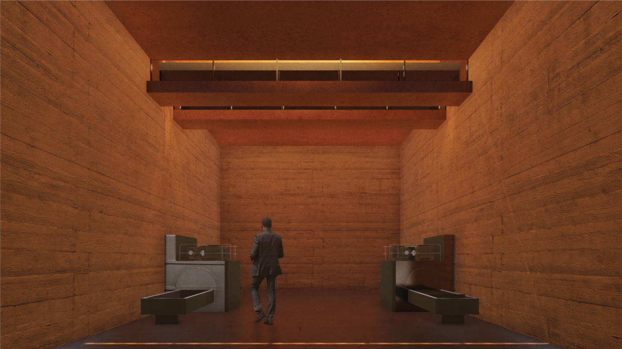 The pressing and crushing room uses warm materiality and controlled lighting to reveal the technical winemaking process.