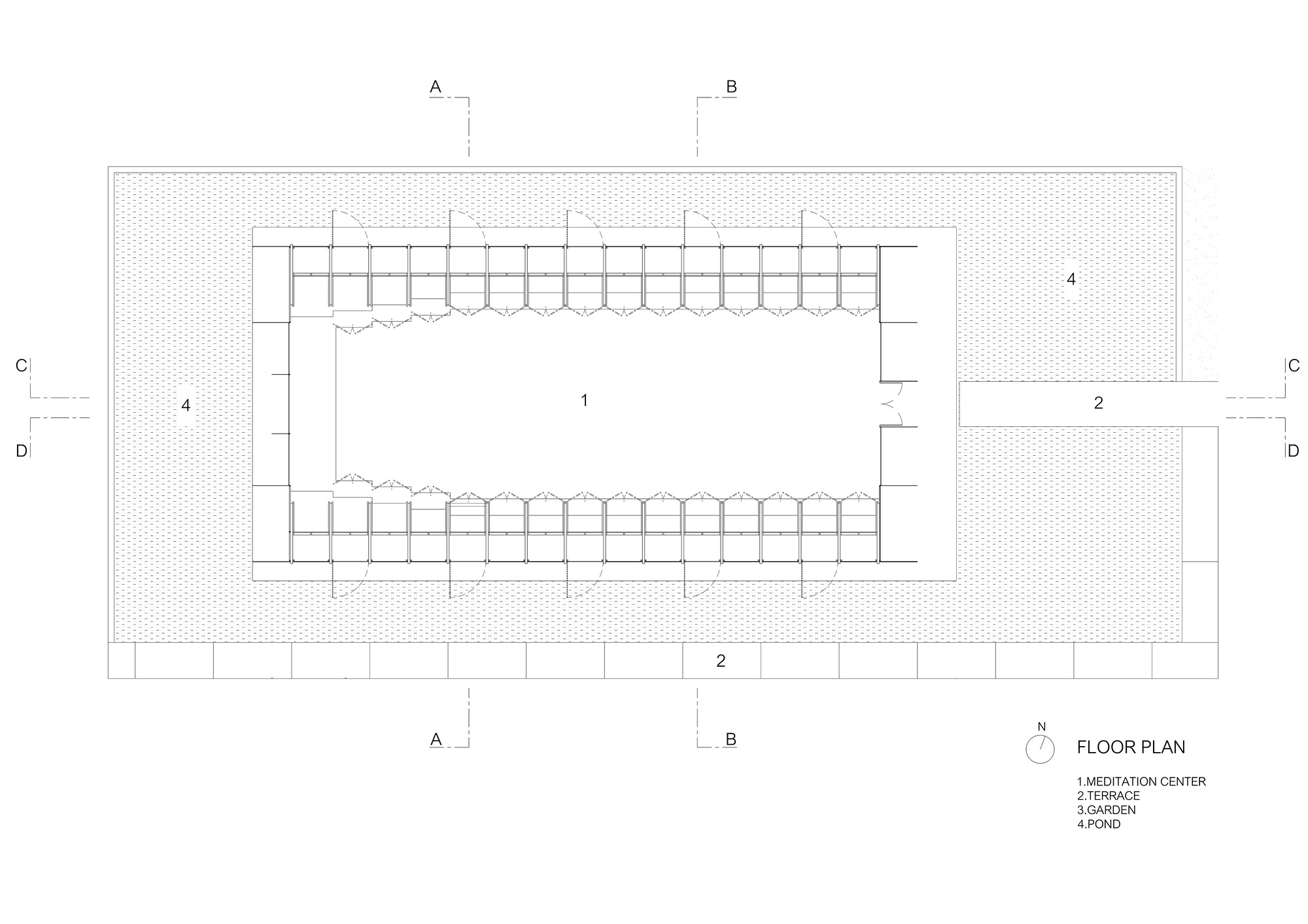 Floor plan drawing showing rectangular volume with colonnade and adjacent terrace, garden and pond spaces