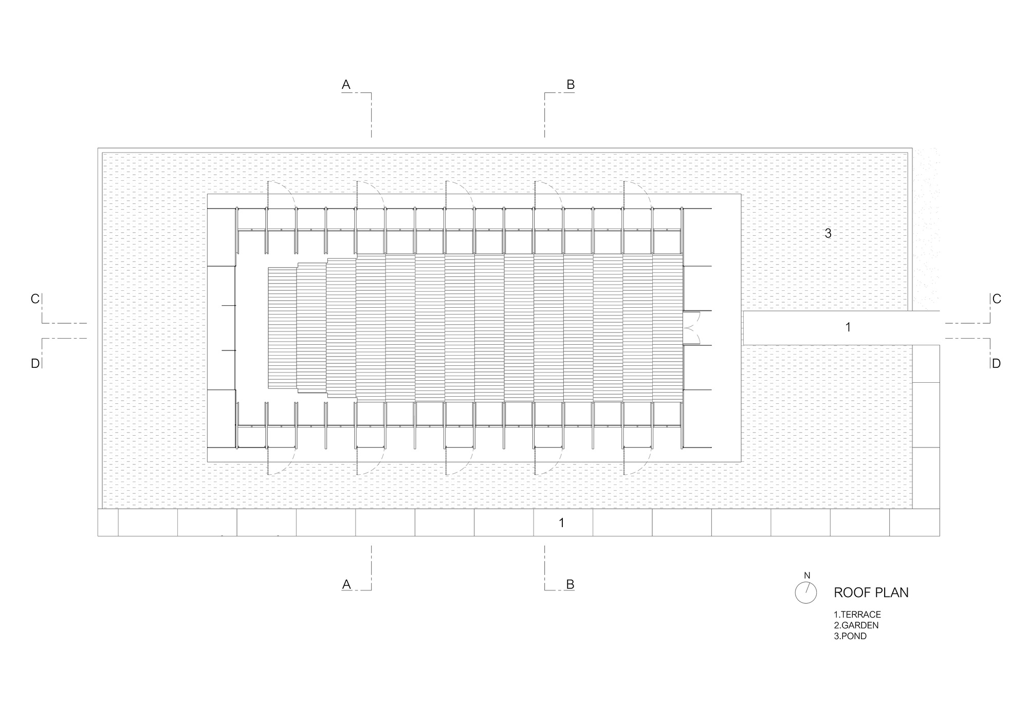 Roof plan drawing showing gridded roof surface with surrounding terrace, garden and pond areas