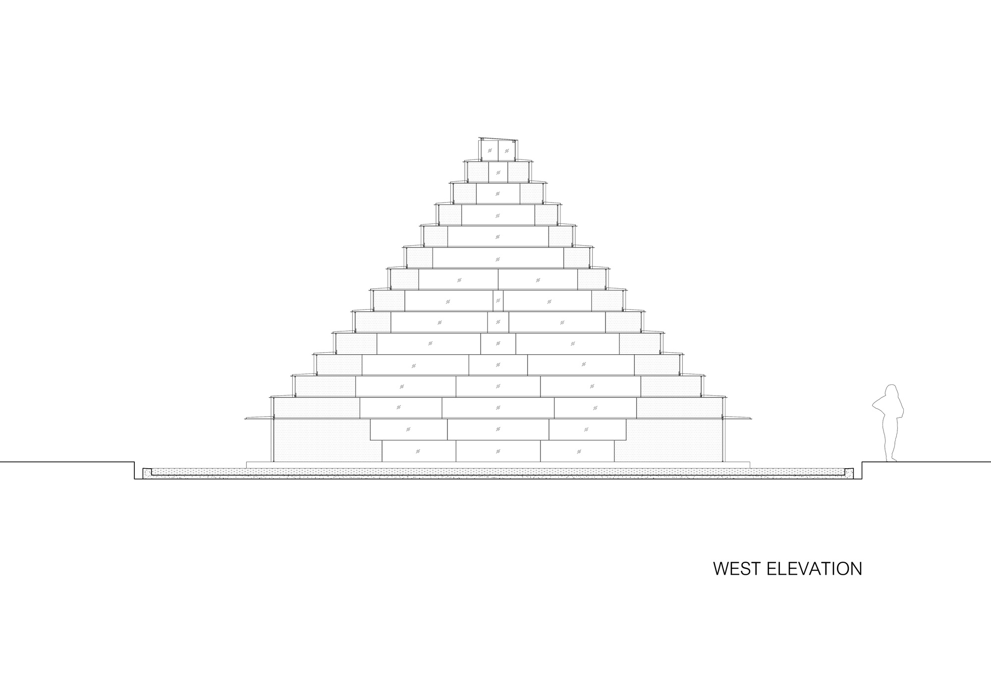 West elevation drawing showing pyramidal stepped volume with horizontal base and standing figure for scale