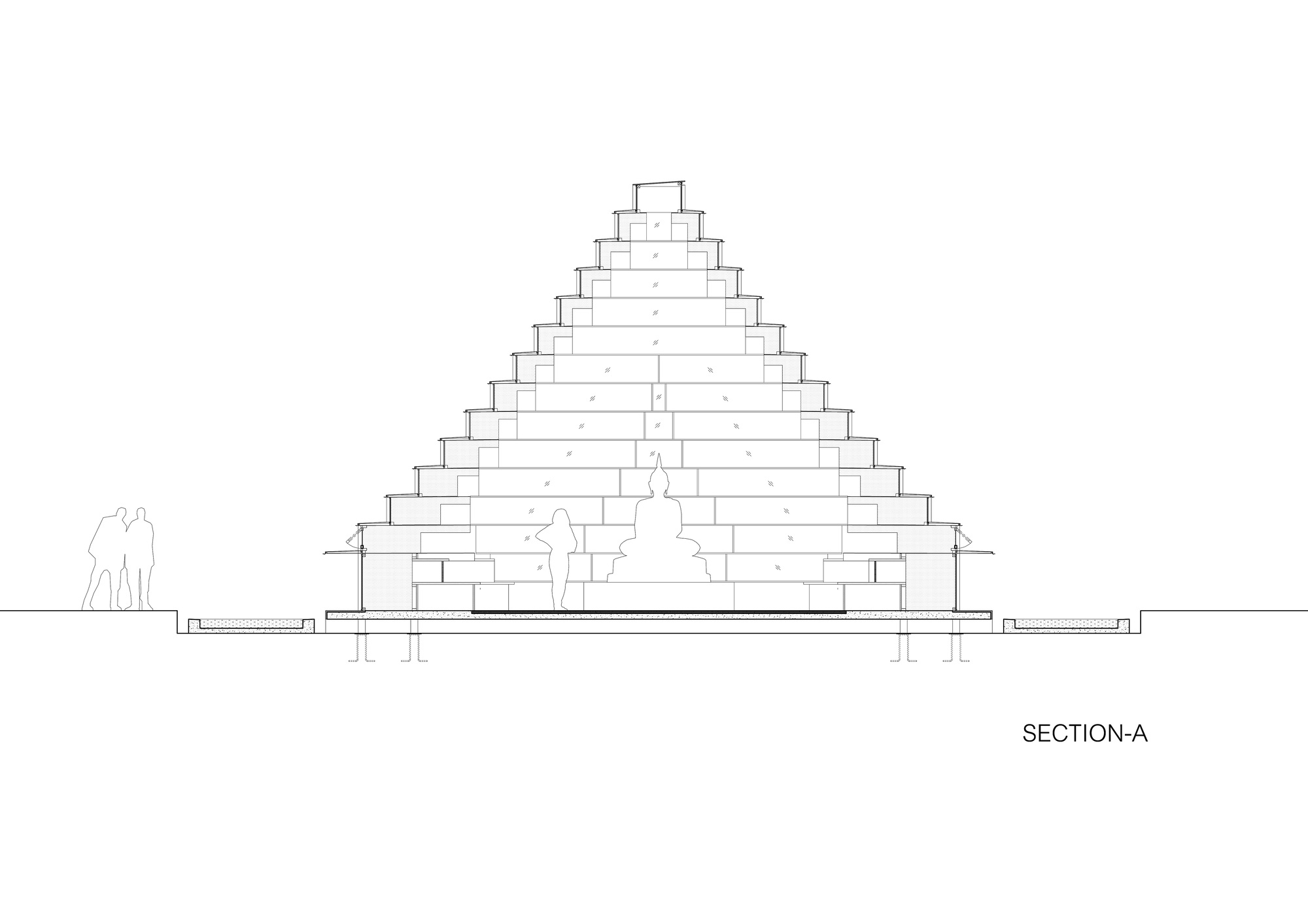 Section drawing revealing a stepped pyramidal form with internal passages and a figure for scale