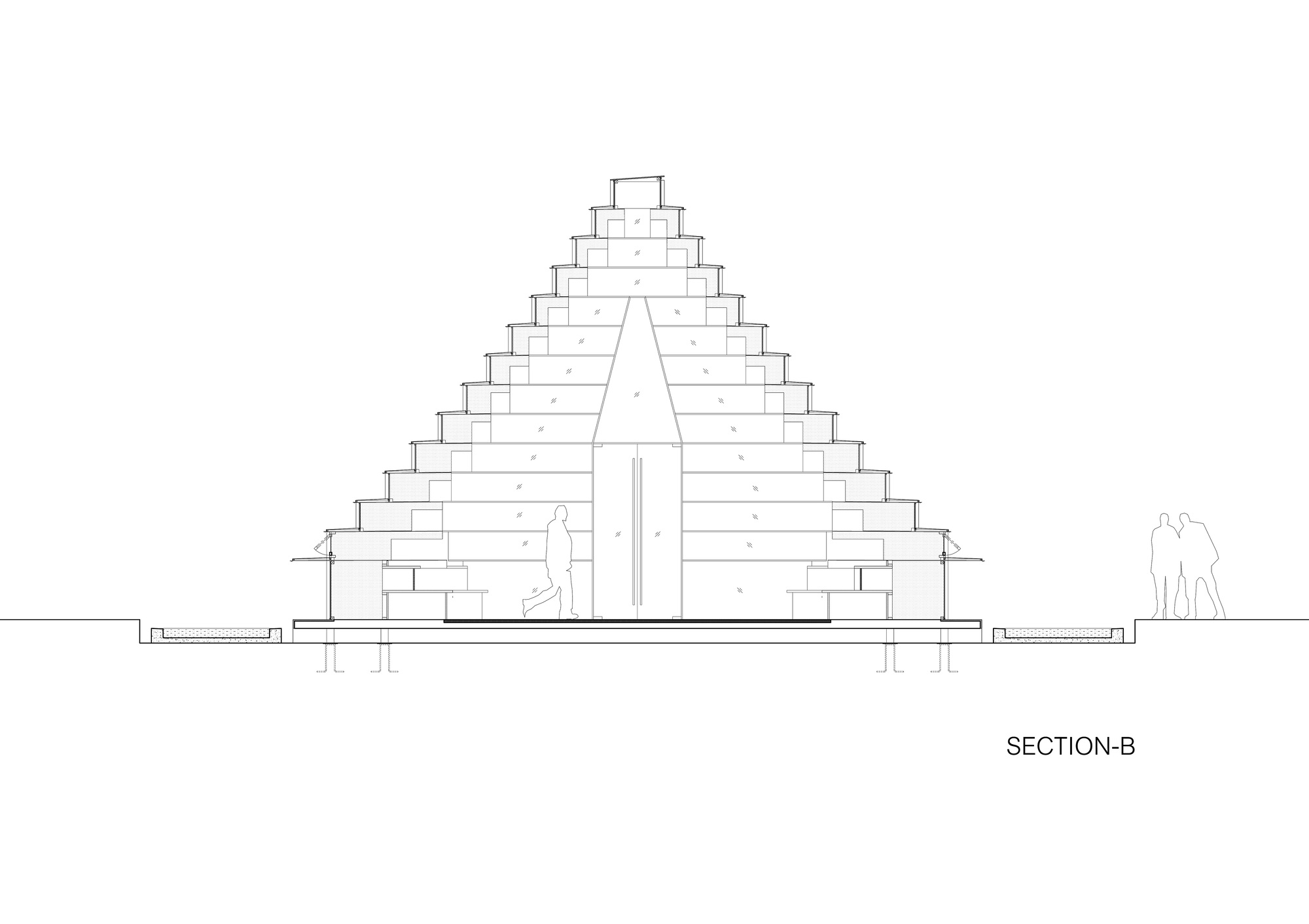 Section drawing showing a pyramidal volume with a central vertical void and figures at ground level