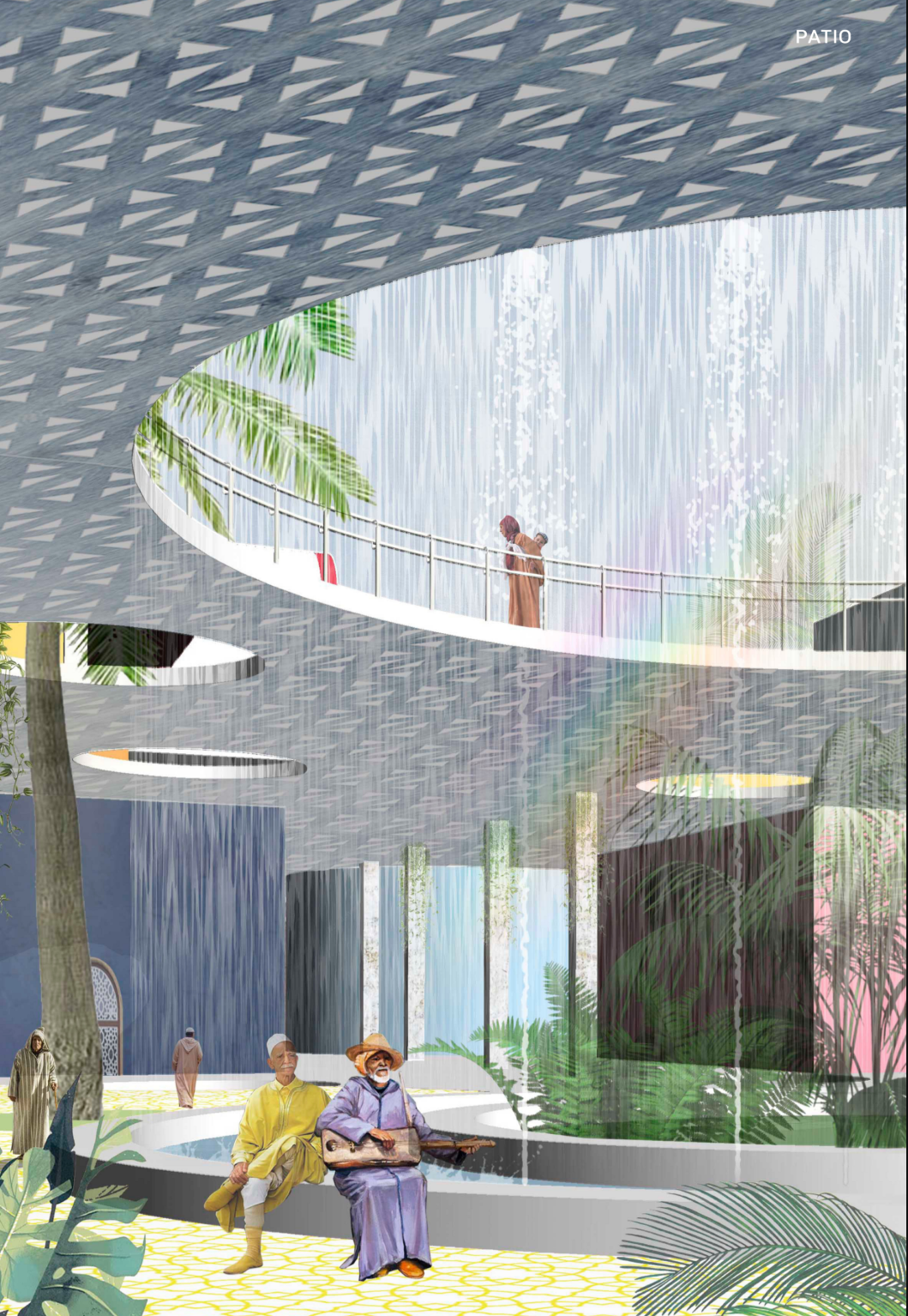 A shaded communal patio designed for relaxation, interaction, and everyday social life.