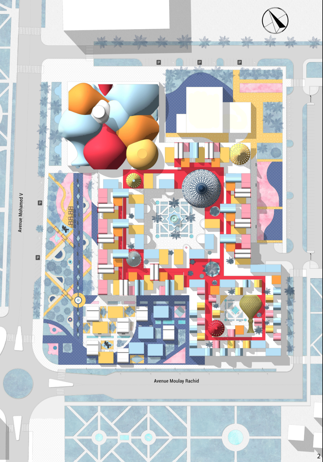 Colorful site plan integrating housing, gardens, social spaces, and cultural facilities.