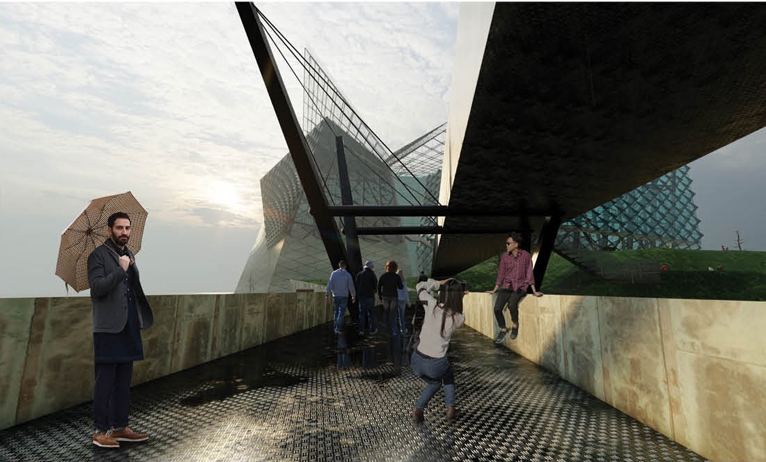 Footbridge with a checkered metal deck between rusted stone walls, a man holding an umbrella under an overcast sky. Image: Azadeh K