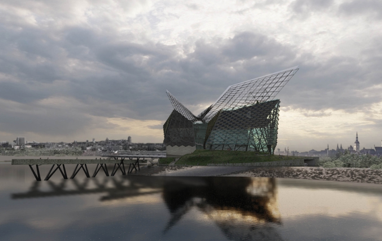 Glazed building with upswept lattice roof wings on a grassy mound, reflected in still water under heavy clouds. Image: Azadeh K