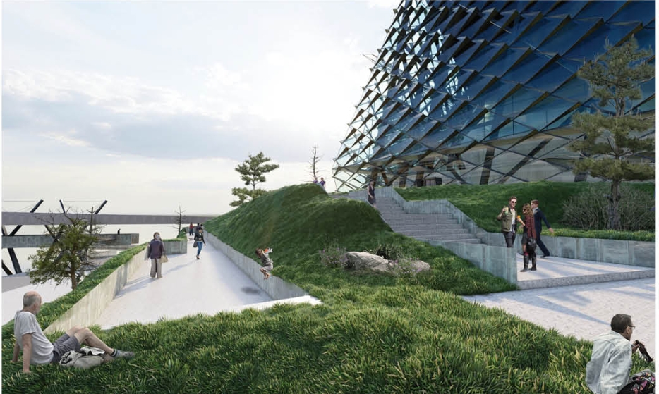 Grassy embankment with concrete stairs and a pine tree beside a faceted blue glass facade, people resting in daylight. Image: Azadeh K