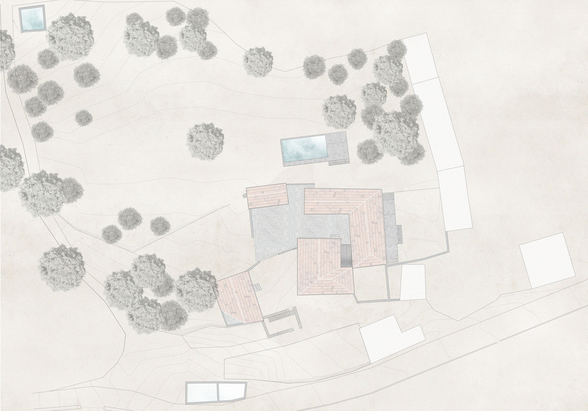 Site plan drawing showing building footprints with tiled roofs surrounded by trees and pathways