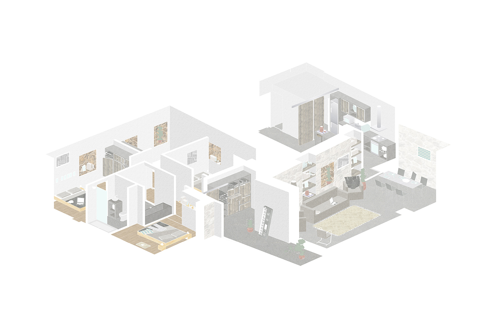 Axonometric drawing showing interior spaces with furniture, kitchen, and living areas across multiple rooms