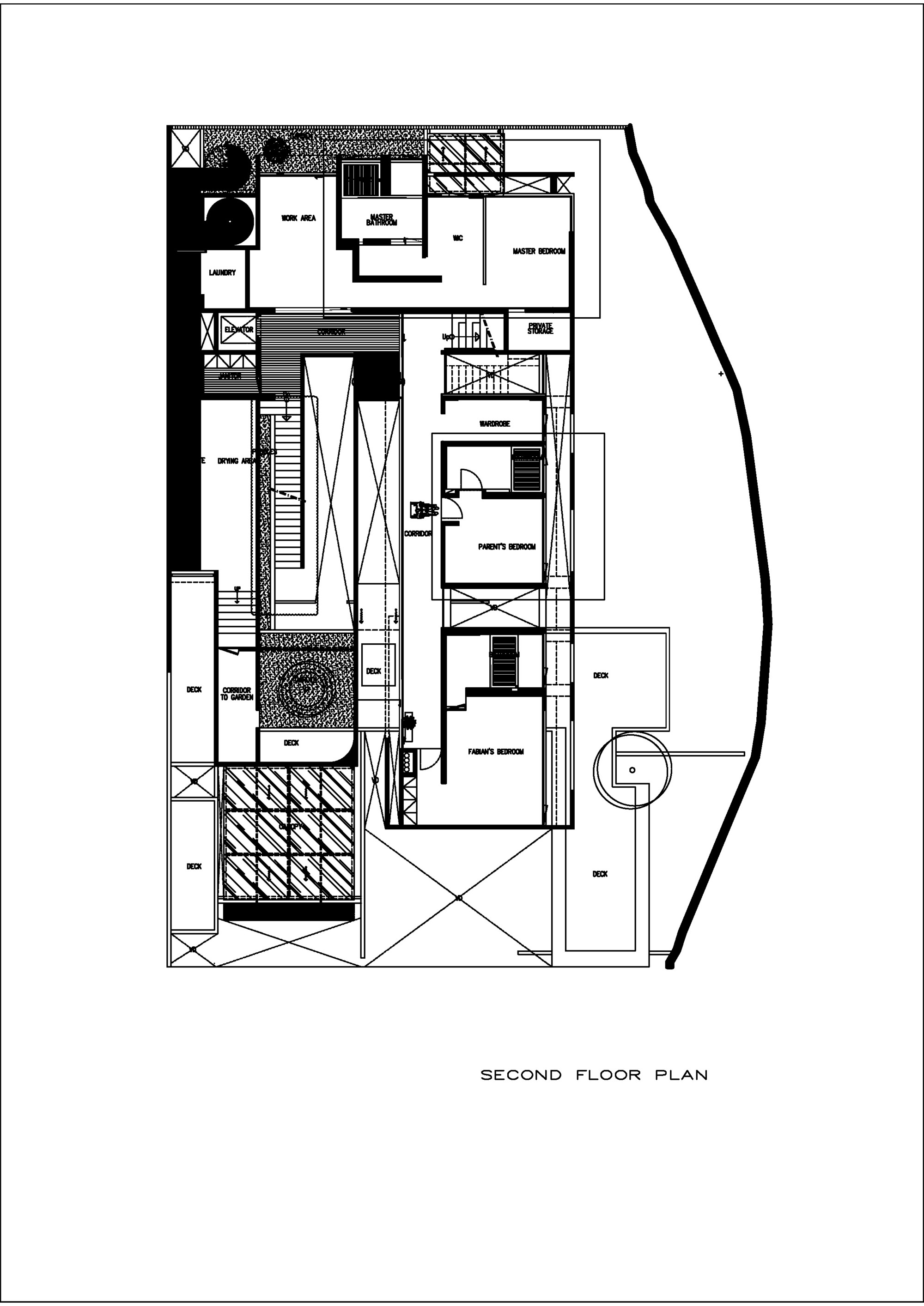 Second floor plan drawing showing rooms arranged around a central double-height space with staircases