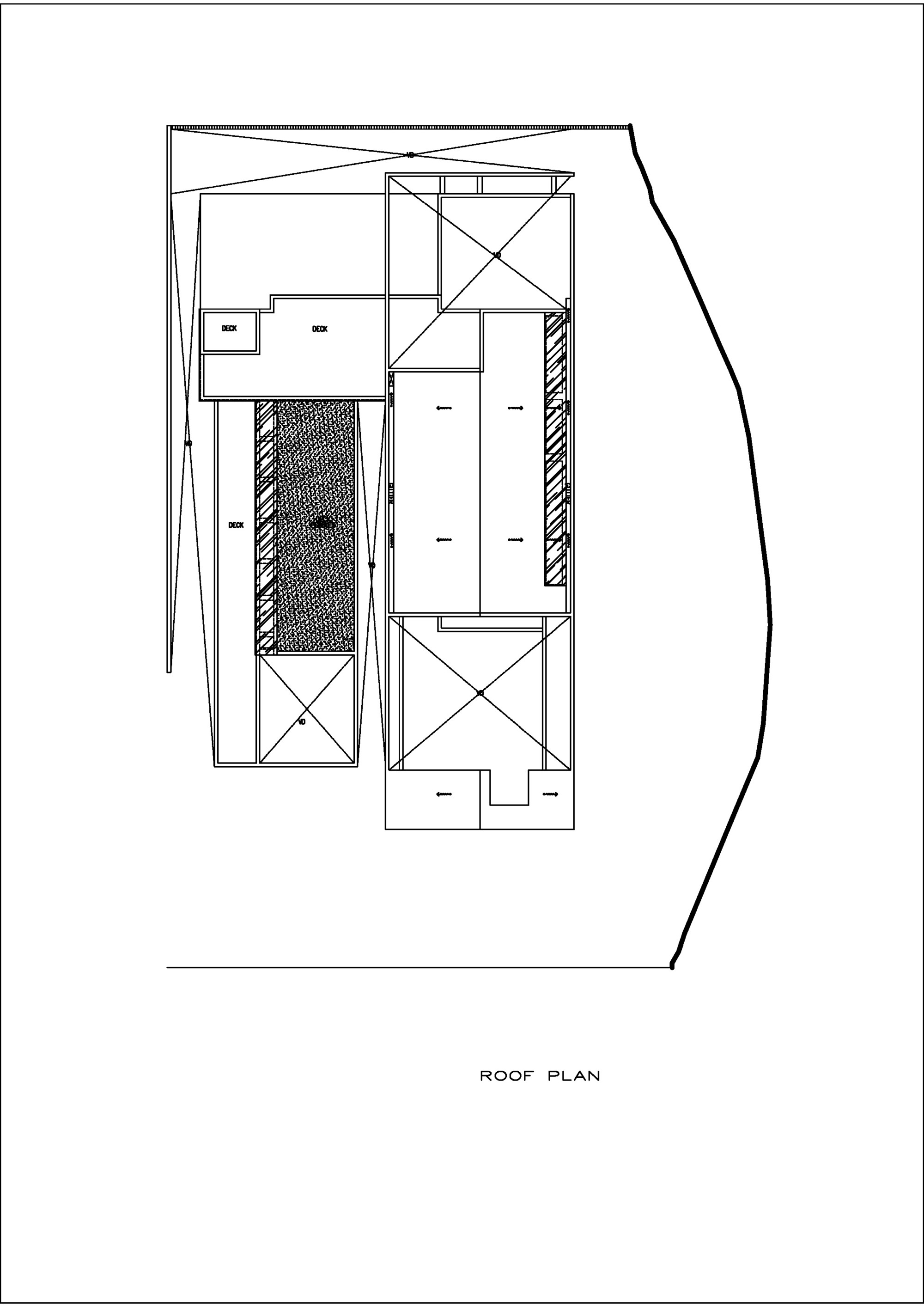 Roof plan drawing showing skylight volumes and textured courtyard opening