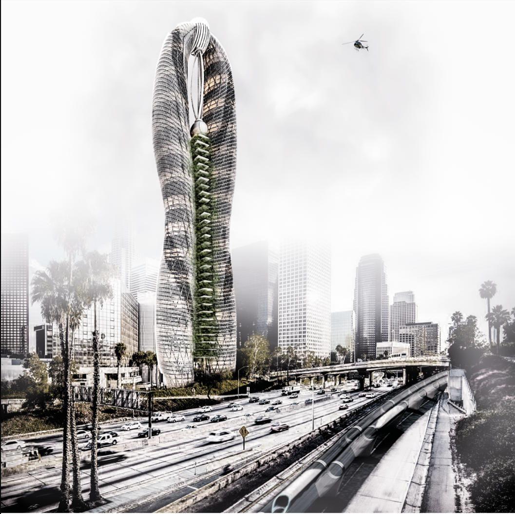 BIS TOWER rises above the transport corridor as a biomorphic vertical city.