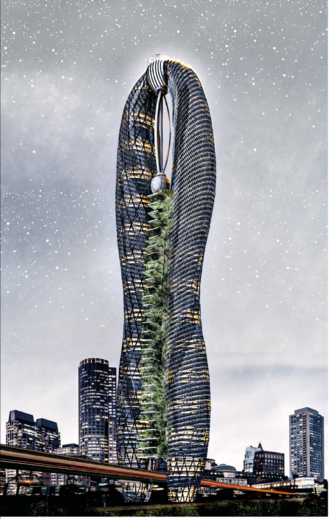 The twin organic towers frame a central spine of suspended gardens and renewable energy systems.