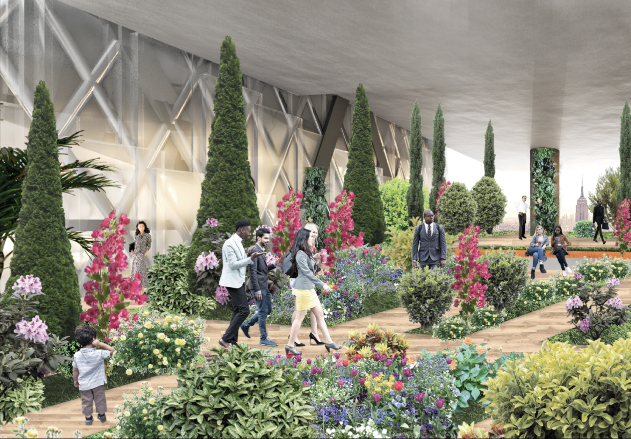 A landscaped sky garden creates a shared social space within the sustainable skyscraper.