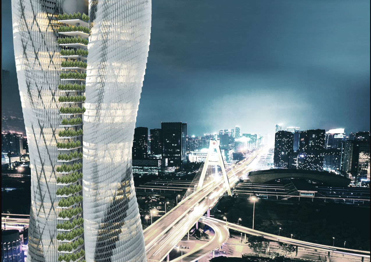 The tower’s planted central void overlooks the illuminated urban transport network.