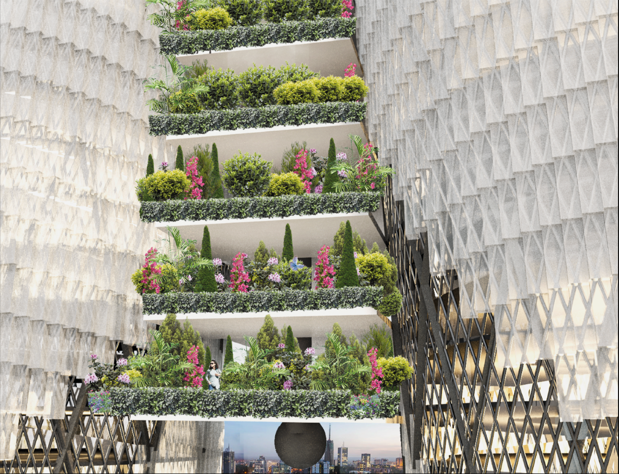 Layered hanging gardens connect the two towers and introduce nature throughout the vertical structure.
