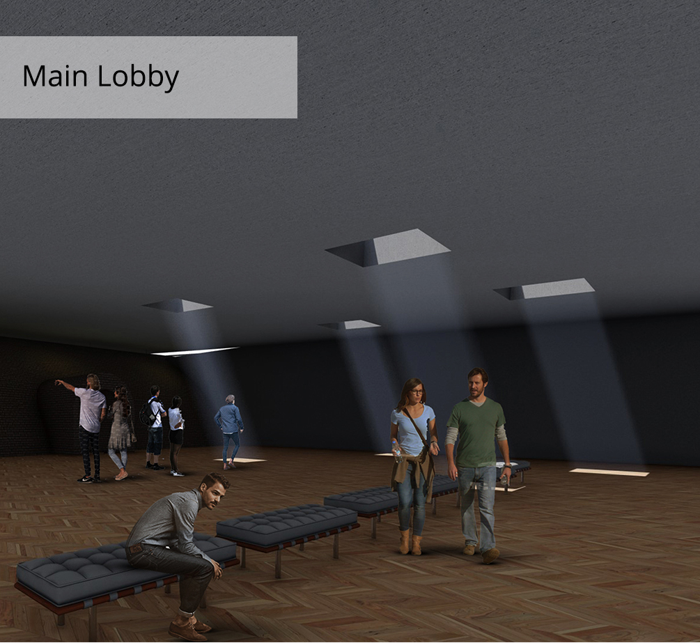 A dark, atmospheric lobby illuminated by controlled skylights, creating a dramatic transition into the winery.