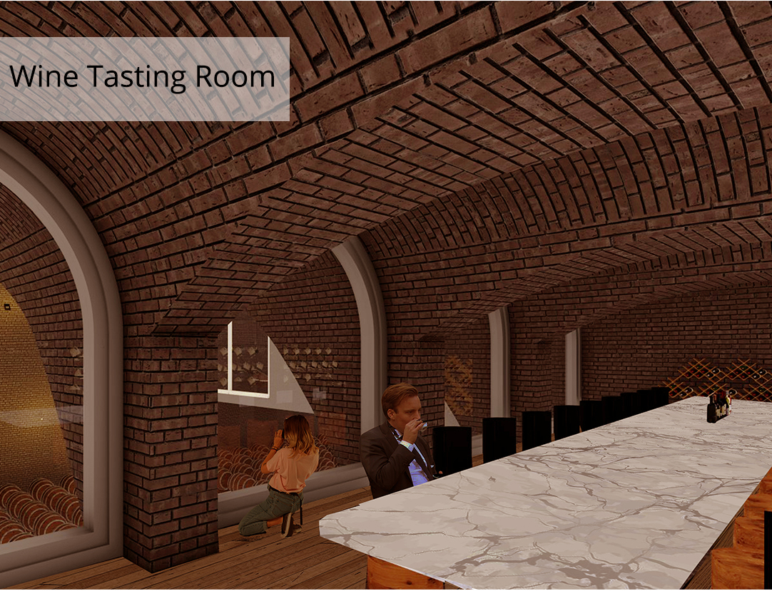 A brick-vaulted tasting room overlooks the cellar, connecting wine appreciation directly with the production environment.