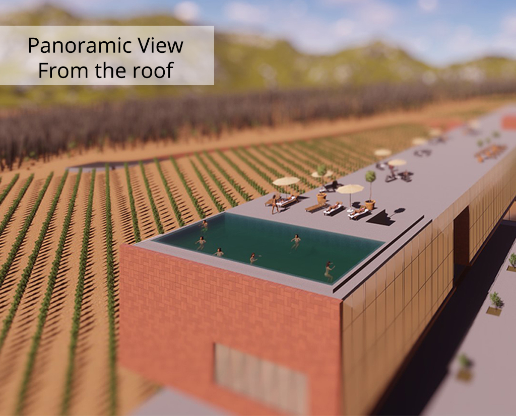 A rooftop pool and terrace create a recreational viewpoint across the vineyards and surrounding mountains.