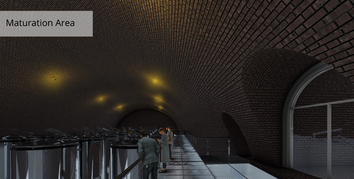 A dramatic brick-lined vault creates an immersive setting for wine maturation while maintaining visual access for visitors.