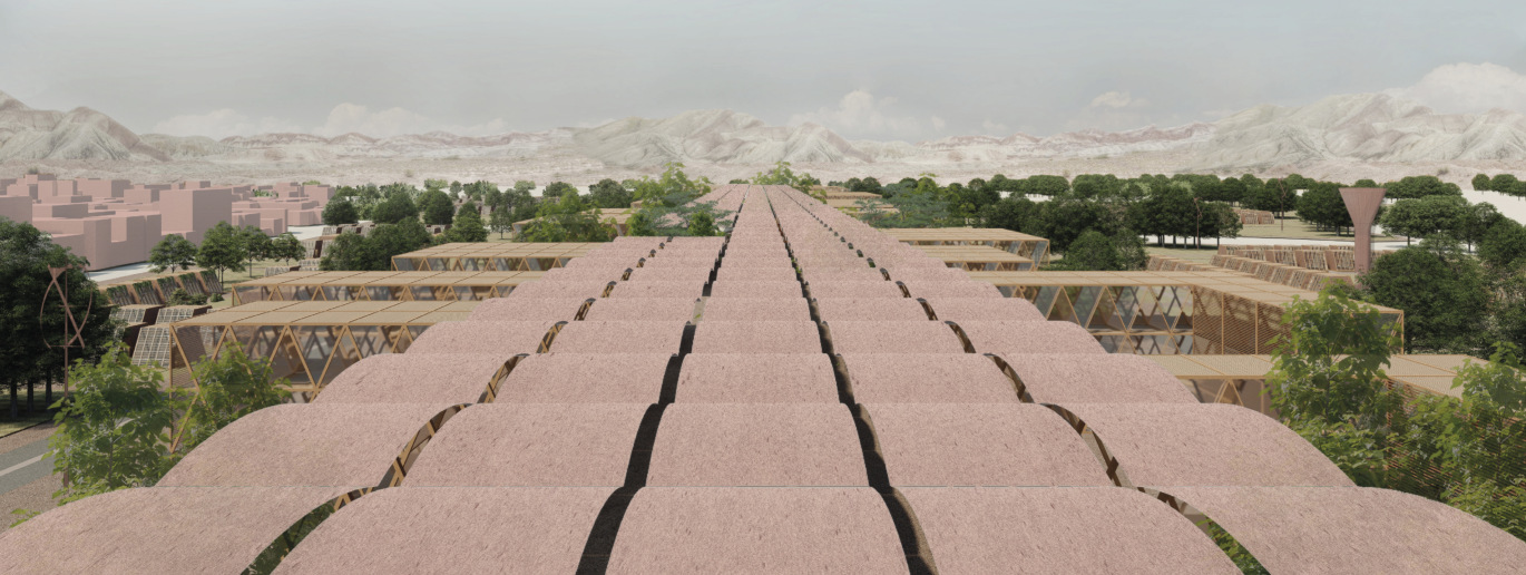 Bazaar City stretches toward the mountains, linking public infrastructure, agriculture, and resilient shelter zones.