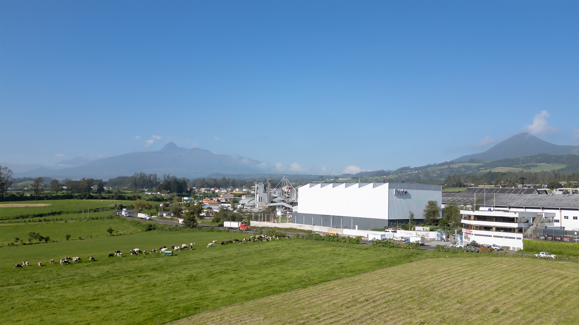 Distant view of the white corrugated metal warehouse with grazing cattle in green pastures and mountains beyond
