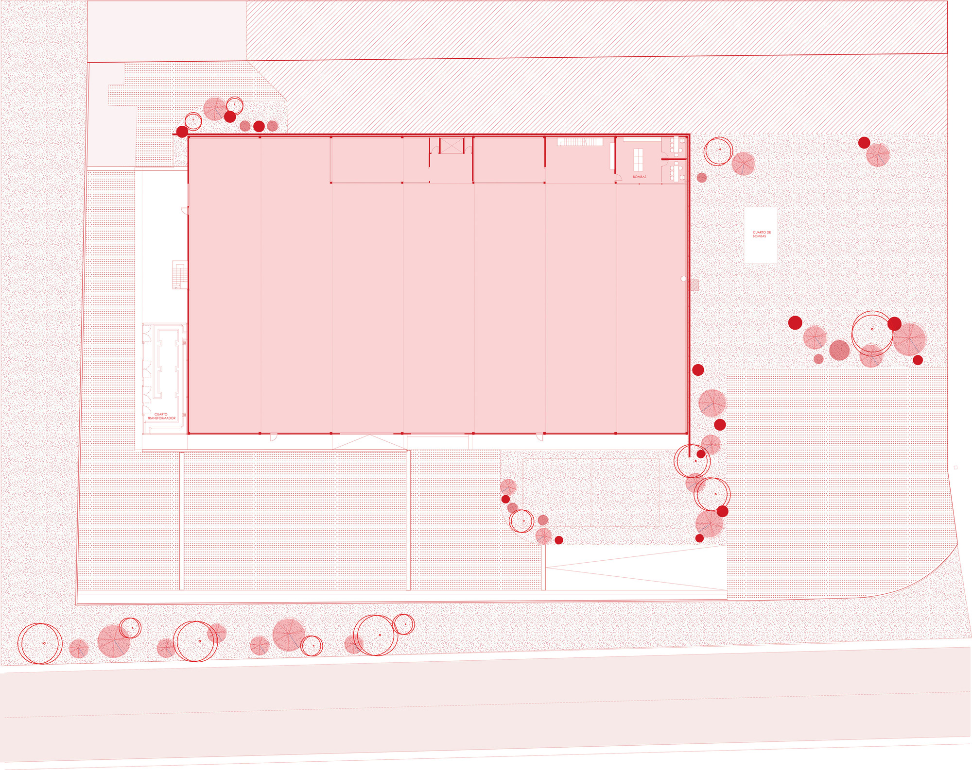Site plan drawing showing the rectangular volume with landscaping circles scattered around its perimeter