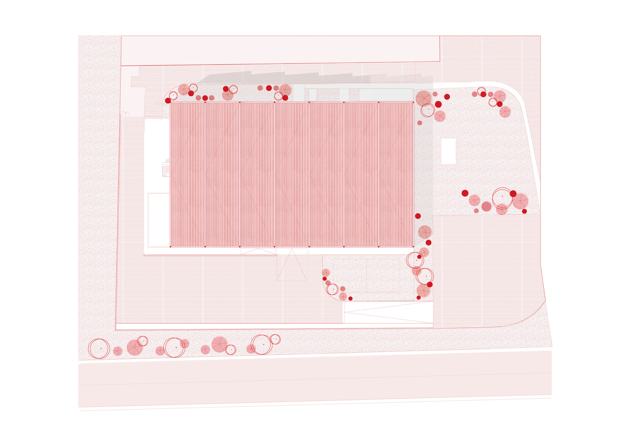Site plan drawing showing a rectangular building volume with vertical striping surrounded by circular tree clusters