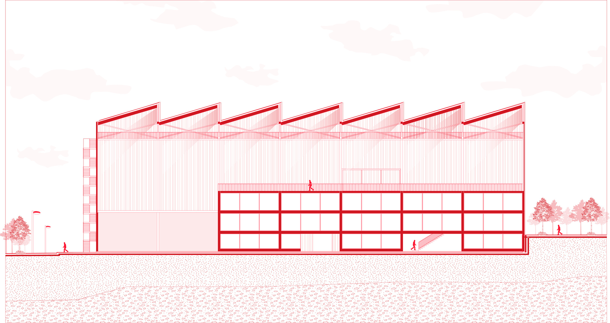 Elevation drawing depicting a sawtooth roof profile atop a gridded facade with figures and trees for scale