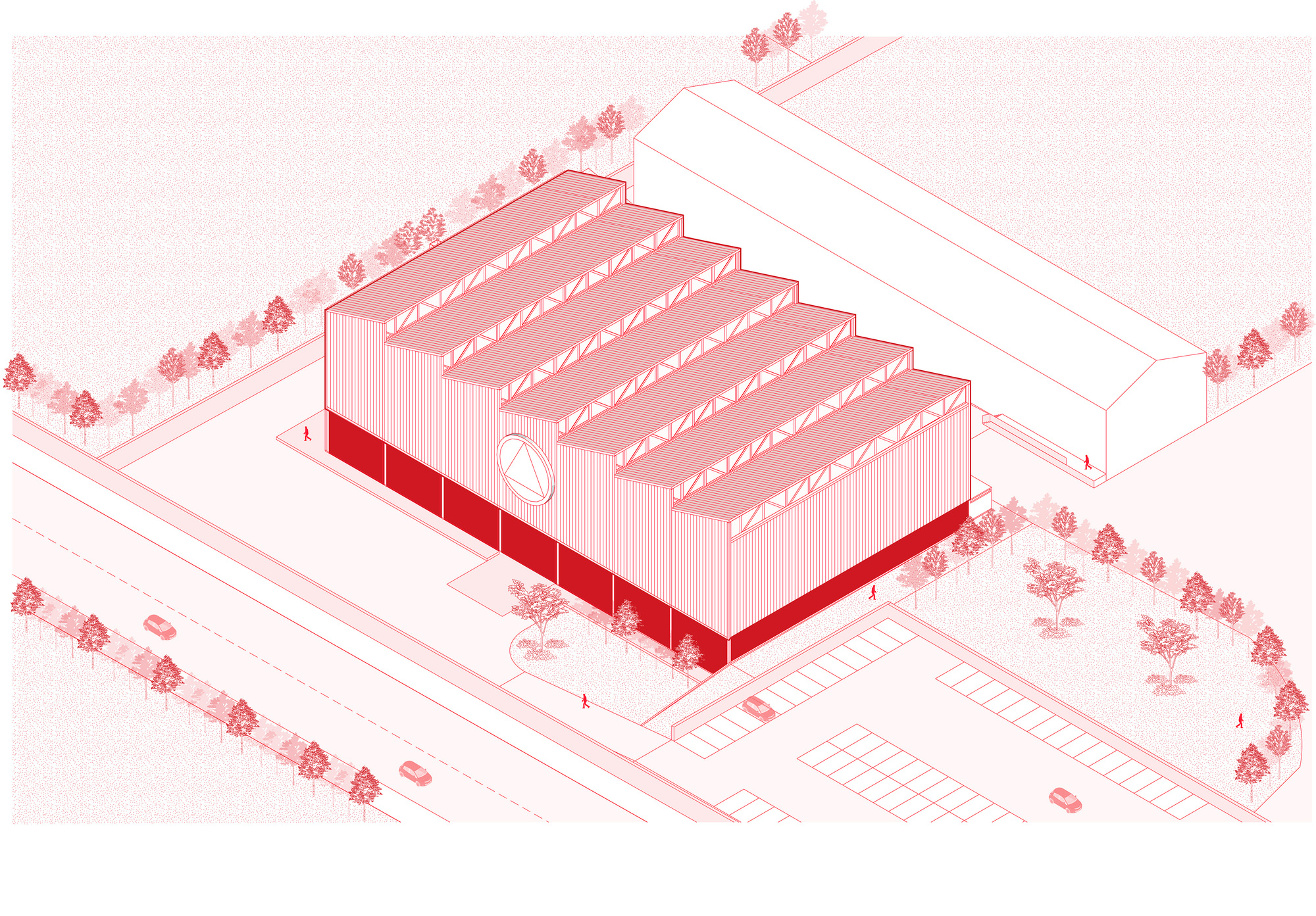 Axonometric drawing showing a warehouse building with seven sawtooth roof bays surrounded by parking and landscaping
