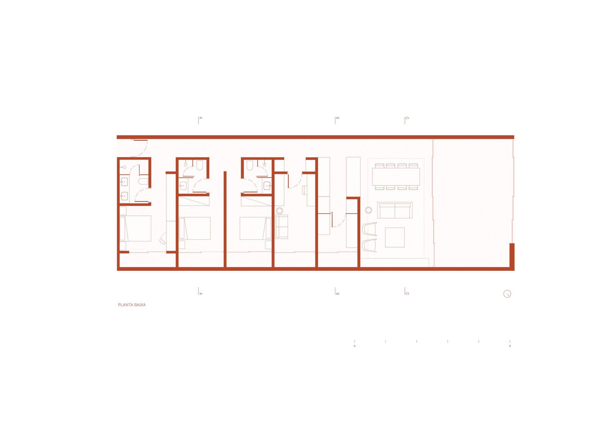 Floor plan drawing showing three bedrooms with ensuites and an open living and dining area