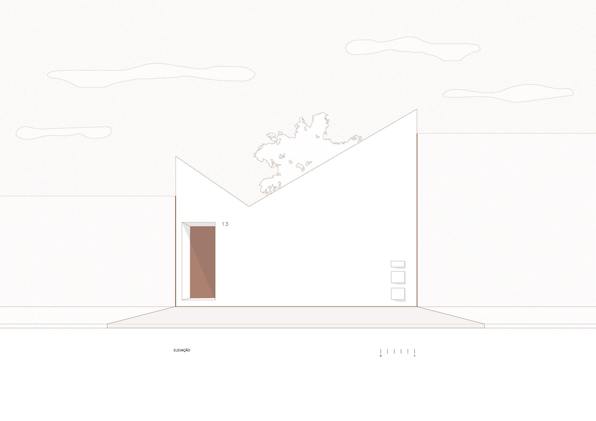 Elevation drawing showing the white facade with a single terracotta-toned door and rooftop vegetation