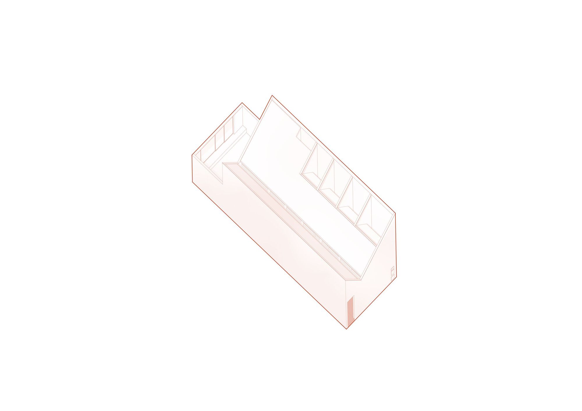 Axonometric drawing depicting a narrow rectangular volume with skylights and an interior courtyard