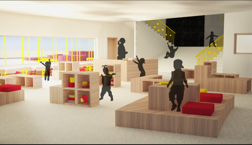 Warm interior learning space with modular wooden furniture, bright accents, and child-friendly play zones.