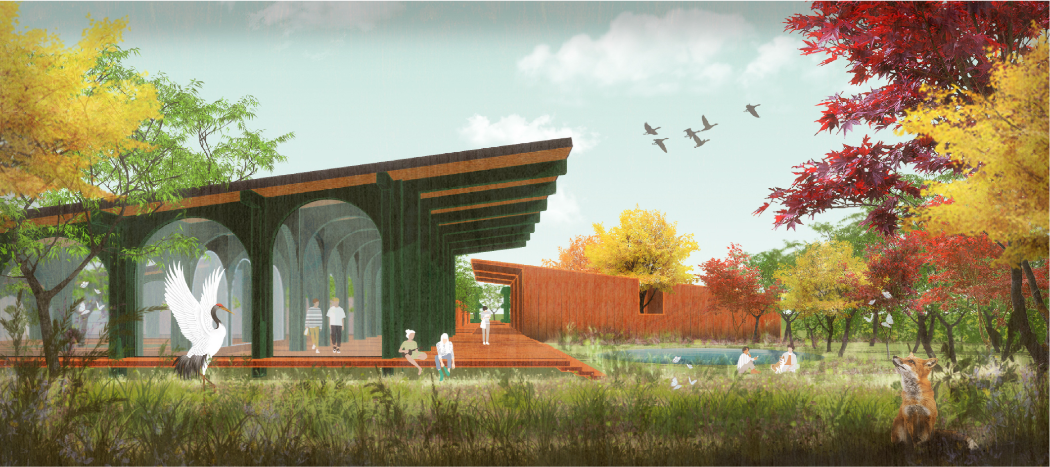 The Grove blends timber pavilions, water, wildlife, and seasonal planting into a restorative landscape.