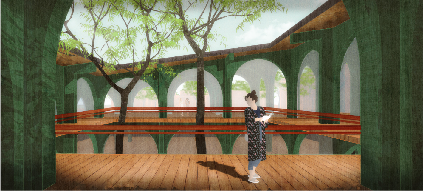 An elevated timber walkway frames mature trees within the communal heart of the retreat.